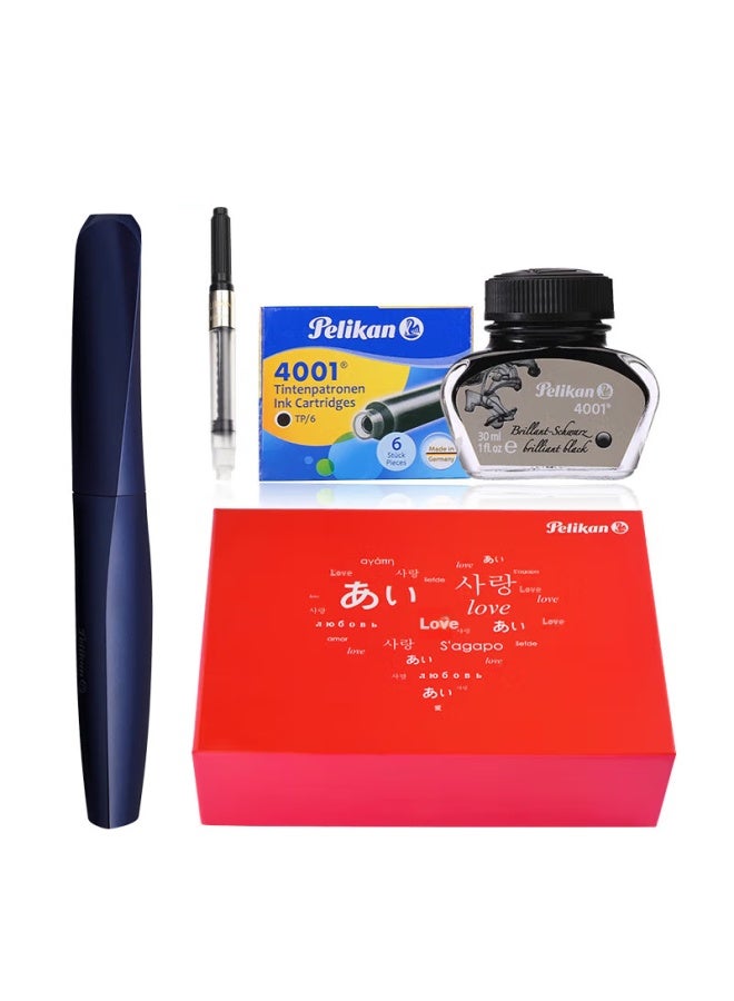 Pelikan Fountain Pen And Ballpoint Pen, Student Writing Practice Stationery Set, Twist P457 Twist Metal Painted Fountain Pen In Night Wind Blue Ef, Red Love Gift Box Set - Image 1