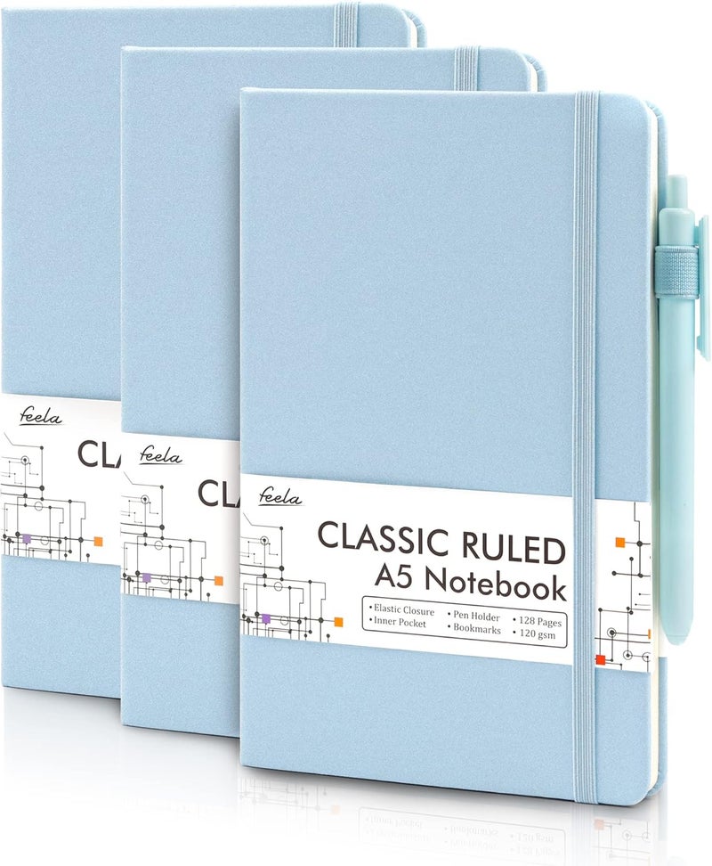 Feela 3 Pack Notebooks Journals Bulk, Hardcover Notebook Classic Ruled Lined Journals with Pen Holder for Women Girls School Business Supplies, with 3 Black Pens, 120 GSM, 5.1”x8.3”, A5, Light Blue - Image 1