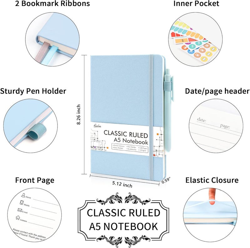 Feela 3 Pack Notebooks Journals Bulk, Hardcover Notebook Classic Ruled Lined Journals with Pen Holder for Women Girls School Business Supplies, with 3 Black Pens, 120 GSM, 5.1”x8.3”, A5, Light Blue - Image 2