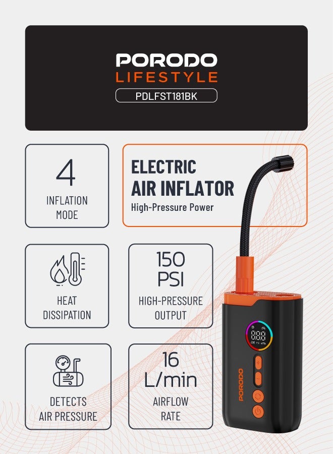 porodo Lifestyle Electric Air Inflator with 4 Inflation Mode and Heat Dissipation / High-Pressure Power /  Ultra-Compact Pump / Portable Inflator - Black - Image 2