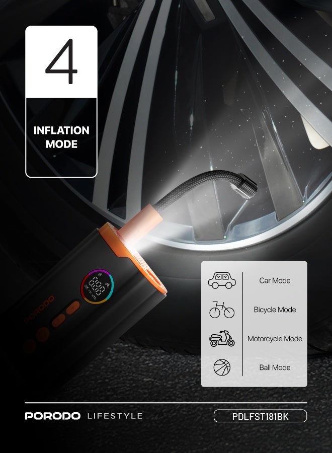 porodo Lifestyle Electric Air Inflator with 4 Inflation Mode and Heat Dissipation / High-Pressure Power /  Ultra-Compact Pump / Portable Inflator - Black - Image 3
