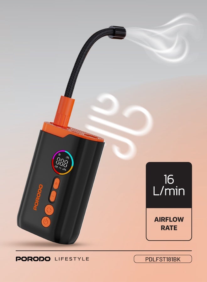 porodo Lifestyle Electric Air Inflator with 4 Inflation Mode and Heat Dissipation / High-Pressure Power /  Ultra-Compact Pump / Portable Inflator - Black - Image 5