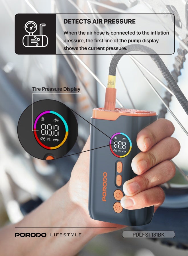 porodo Lifestyle Electric Air Inflator with 4 Inflation Mode and Heat Dissipation / High-Pressure Power /  Ultra-Compact Pump / Portable Inflator - Black - Image 4