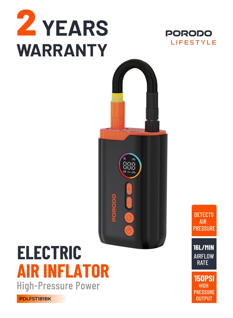 porodo Lifestyle Electric Air Inflator with 4 Inflation Mode and Heat Dissipation / High-Pressure Power /  Ultra-Compact Pump / Portable Inflator - Black - Image 1