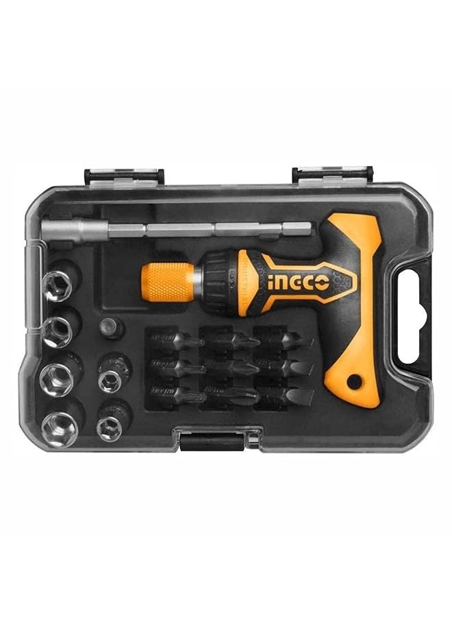 INGCO 24 Piece Magnetic T Handle Ratchet Wrench And Screwdriver Set Home Repair Kit With Plastic Toolbox Storage Case Hksdb0188 