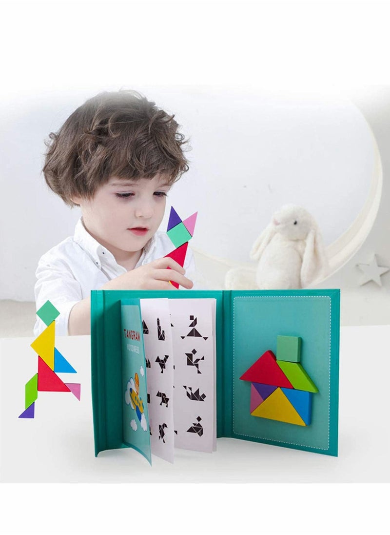 Excefore - Tangram Magnetic Puzzle, Wooden Pattern Puzzle Book Game for Kids, IQ Educational and Early Development Tangram, Jigsaw Shapes Dissection with Solution Questions, Travel Games - Image 1