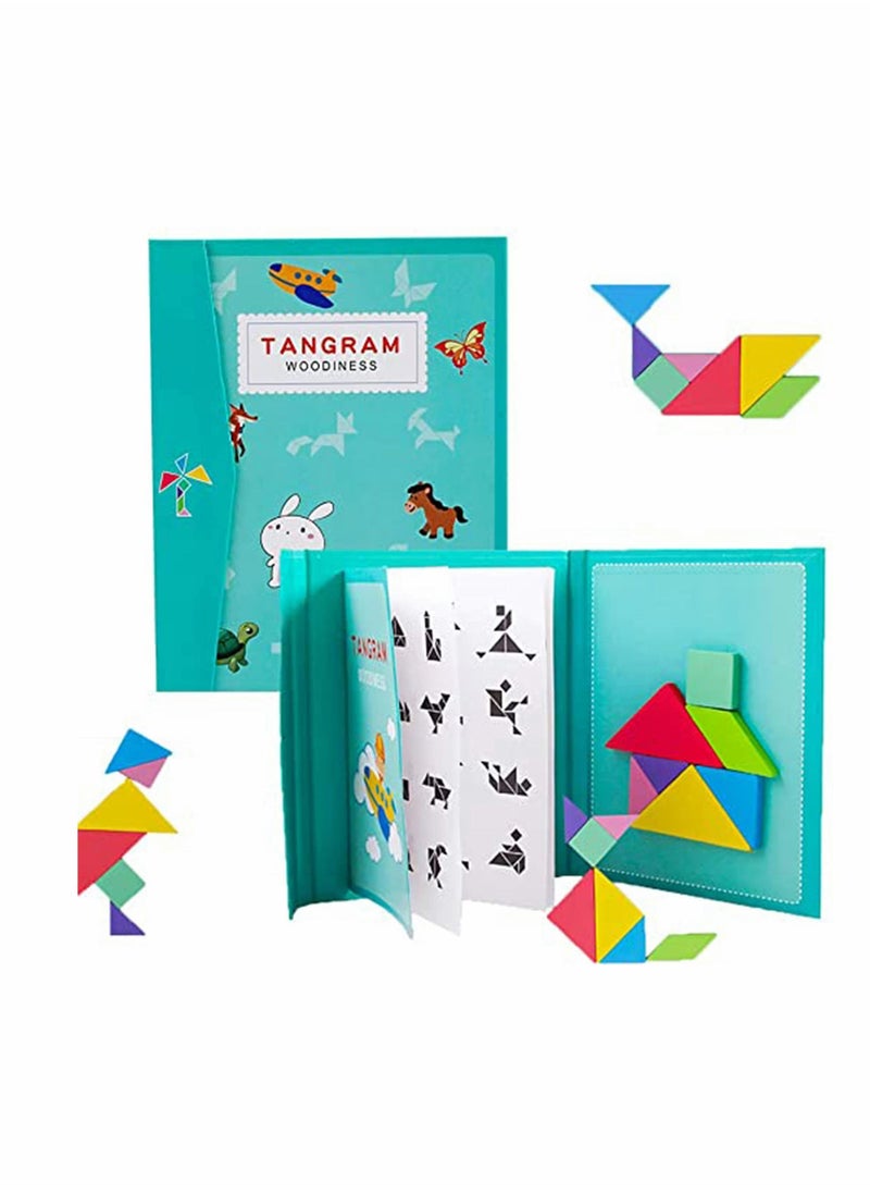 Excefore - Tangram Magnetic Puzzle, Wooden Pattern Puzzle Book Game for Kids, IQ Educational and Early Development Tangram, Jigsaw Shapes Dissection with Solution Questions, Travel Games - Image 1