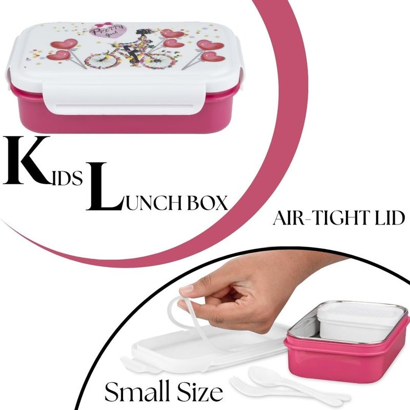 Nabhya Peppy Small Tiffin Box For Kids,Inner Stainless Steel & Outer Plastic with Plastic Katori and Airtight Lid, School Lunch Box For Kids (Small, Pink) - Image 3