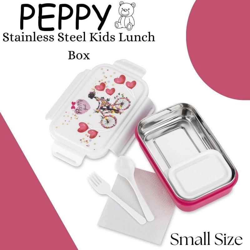 Nabhya Peppy Small Tiffin Box For Kids,Inner Stainless Steel & Outer Plastic with Plastic Katori and Airtight Lid, School Lunch Box For Kids (Small, Pink) - Image 2