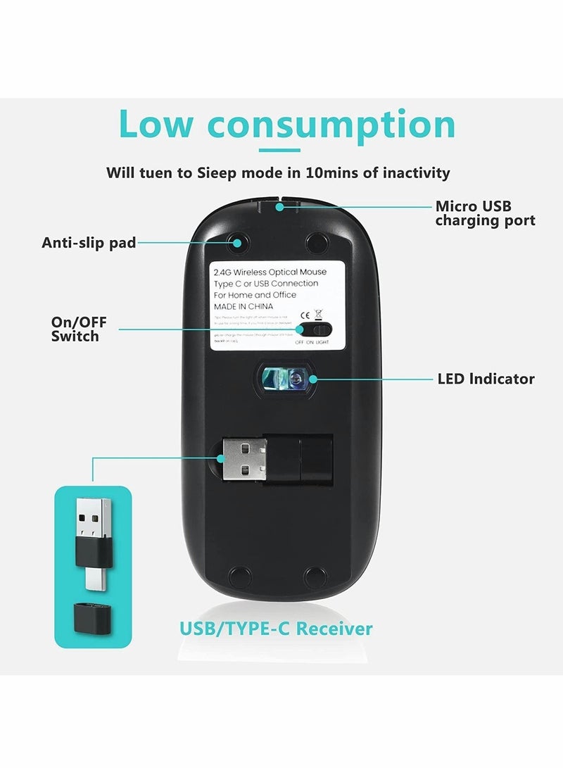 Y&D Wireless Mouse,Rechargeable Slim Silent Mouse Portable Mobile Optical Office with USB & Type-c Receiver, 3 Adjustable DPI for MacBook Pro Windows PC Laptop-Black  - Image 3