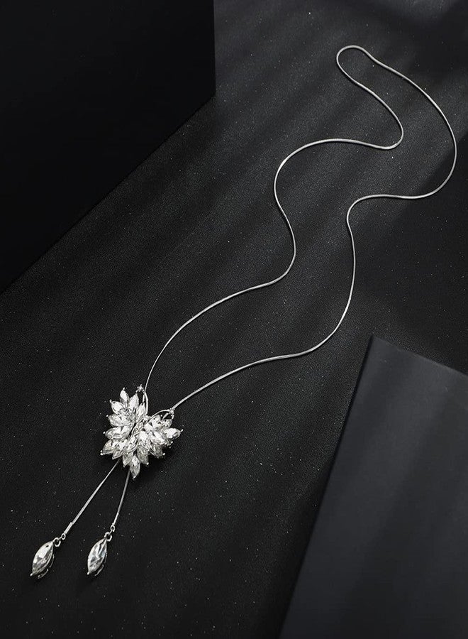 Wiwpar Sparkly Rhinestone Butterfly Long Necklace Sterling Silver Larait Bar Y Lariat Butterfly Pendent Chain Drop Adjustable Necklace Butterfly Y-Shaped Necklace Jewelry for Women Wedding (Silver) - Image 5