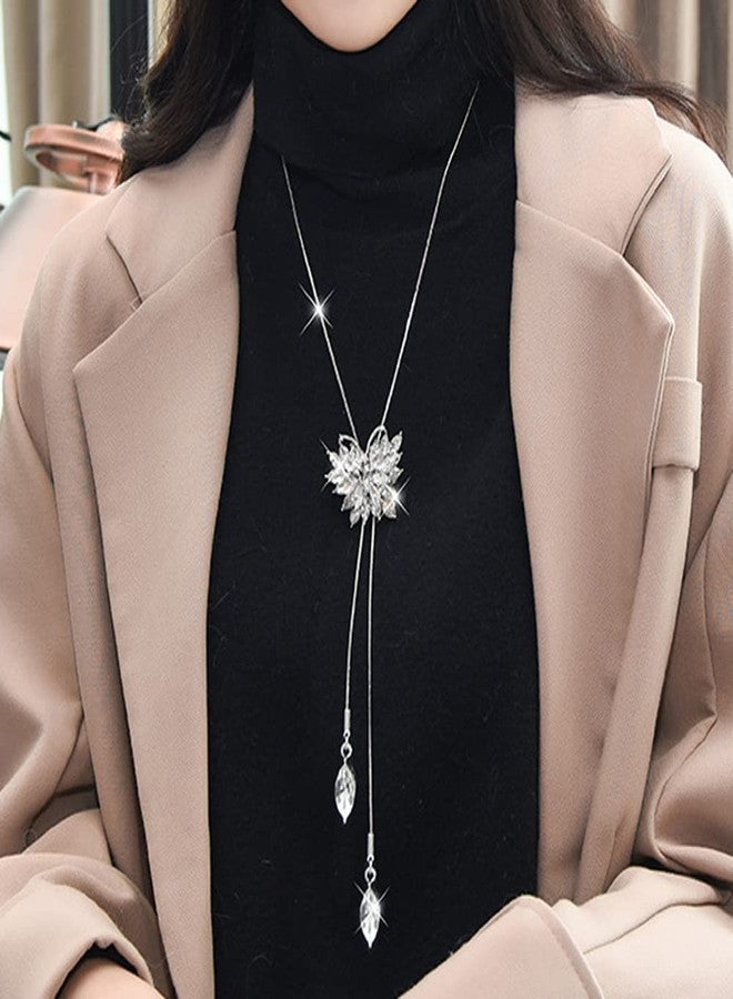 Wiwpar Sparkly Rhinestone Butterfly Long Necklace Sterling Silver Larait Bar Y Lariat Butterfly Pendent Chain Drop Adjustable Necklace Butterfly Y-Shaped Necklace Jewelry for Women Wedding (Silver) - Image 3