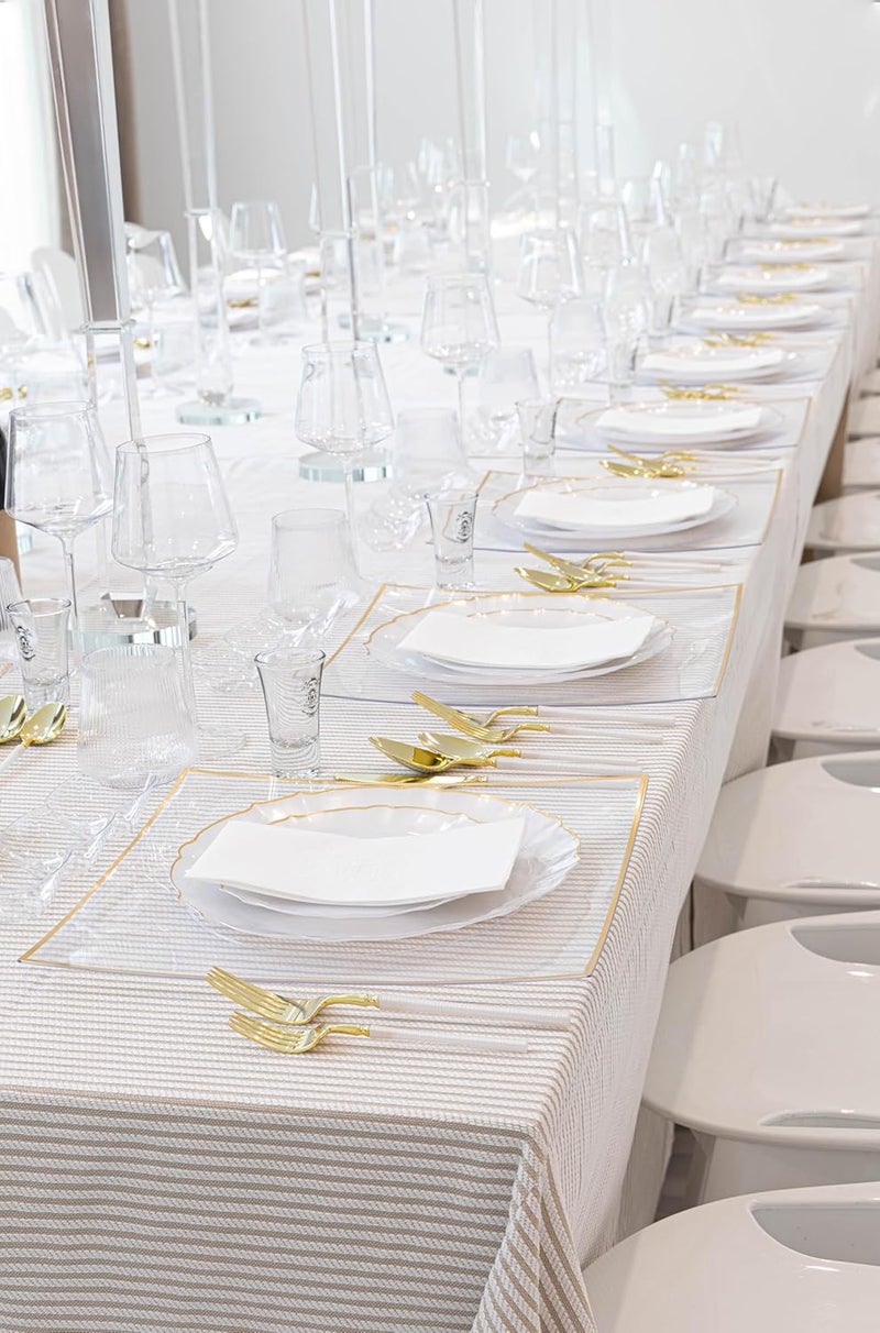 PLASTICPRO 48 Piece Aristocratic Combo Plastic Dinner Plates Disposable Plastic Fancy Heavy Duty Party Dishes 24, 7'' inch and 24, 10'' inch, Pearl White With Gold Rim - Image 3
