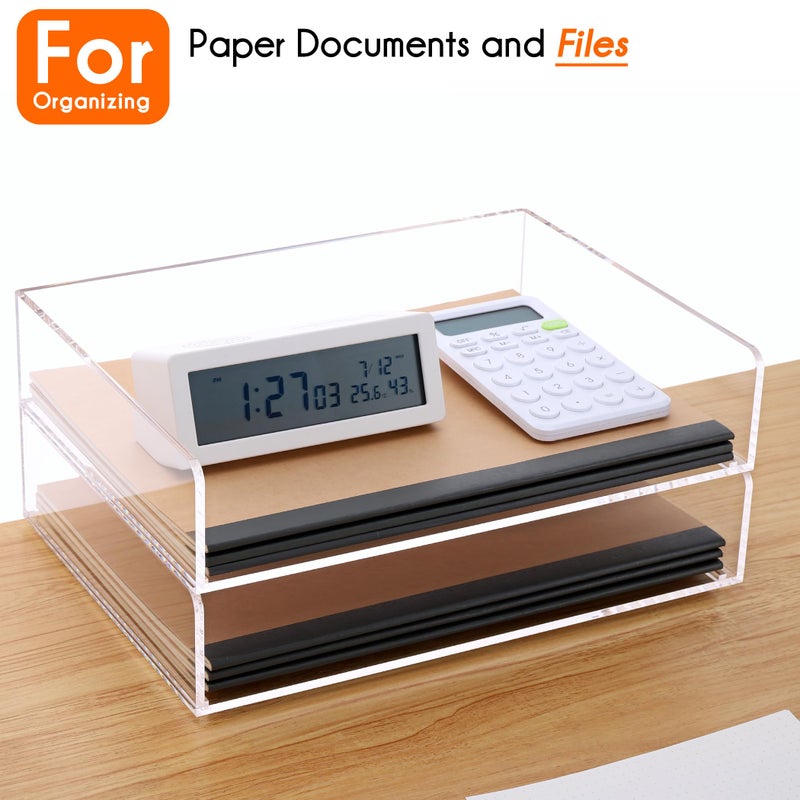 HeZone Paper Organizer, 2 Tier Stackable A4 Size Acrylic Letter Tray, Office/Home/School Organization - Clear - Image 2