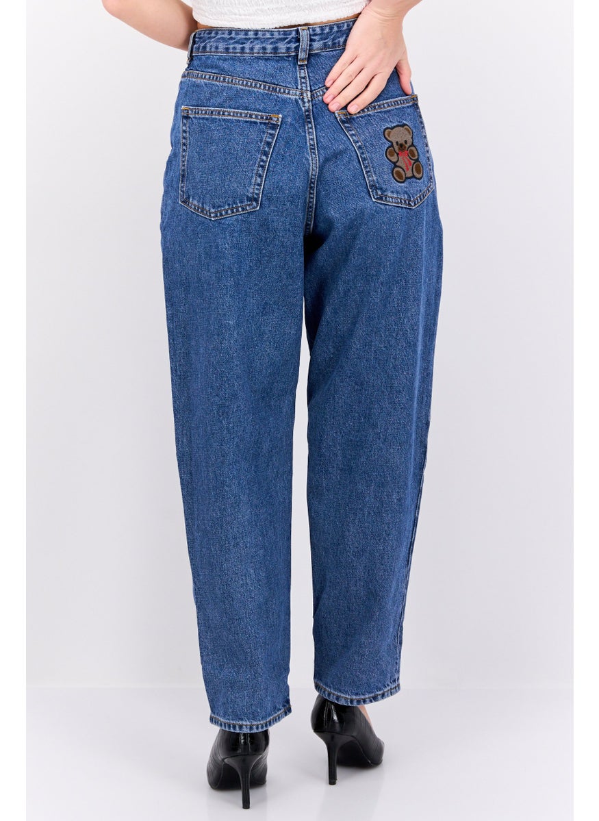 MONKI Women Regular Fit High Waist Balloon Leg Washed Denim, Blue  - Image 3