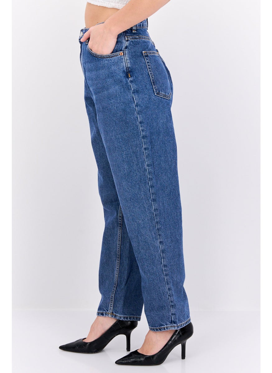 MONKI Women Regular Fit High Waist Balloon Leg Washed Denim, Blue  - Image 4