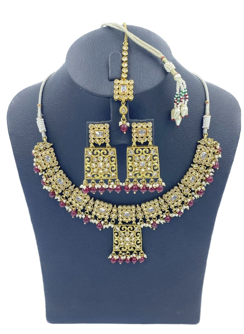 GOHONA GOHONA Royal Bling Bollywood Traditional Indian  Jewelry Necklace With Earrings Set and 1 Tikka in Maroon colour  - Image 2