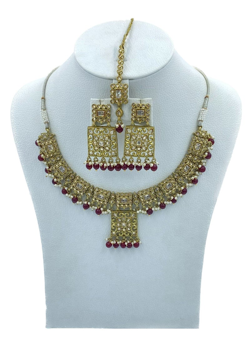 GOHONA GOHONA Royal Bling Bollywood Traditional Indian  Jewelry Necklace With Earrings Set and 1 Tikka in Maroon colour  - Image 1