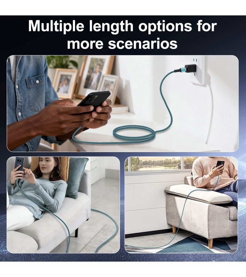 كابل شحن سريع 60 واط من USB C إلى Type C، مضفر بالنايلون، 300 سم، بلون بنفسجي وأسود، متوافق مع أجهزة Apple وSamsung وHuawei وXiaomi. - Image 4