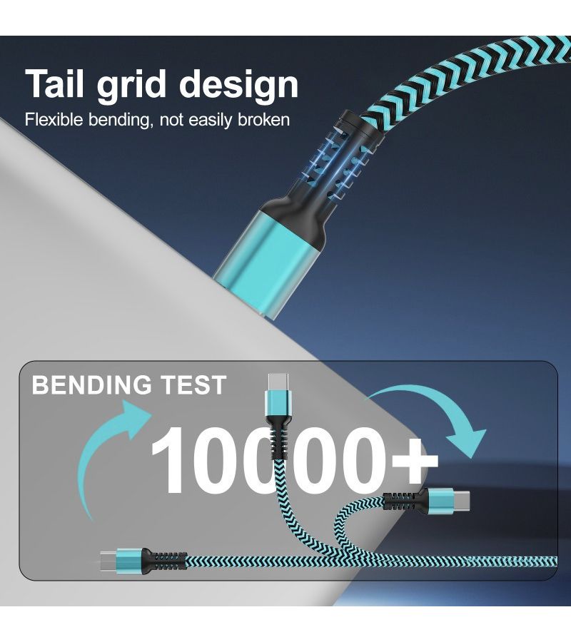 كابل شحن سريع 60 واط من USB C إلى Type C، مضفر بالنايلون، 300 سم، بلون بنفسجي وأسود، متوافق مع أجهزة Apple وSamsung وHuawei وXiaomi. - Image 5