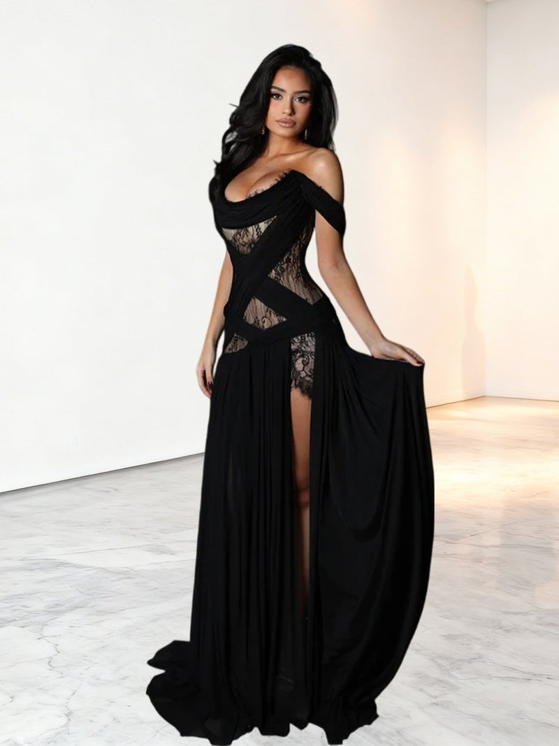 Elegant Black Off-Shoulder Lace Hollow Long Dress with High Slit for Evening Gala