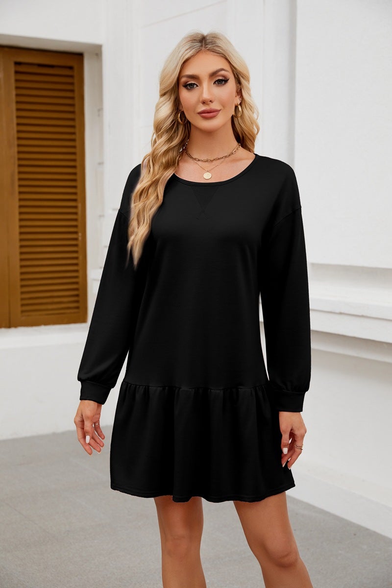 2024 Cross Neck Long-Sleeve Casual Sweatshirt Dress Black - Image 1