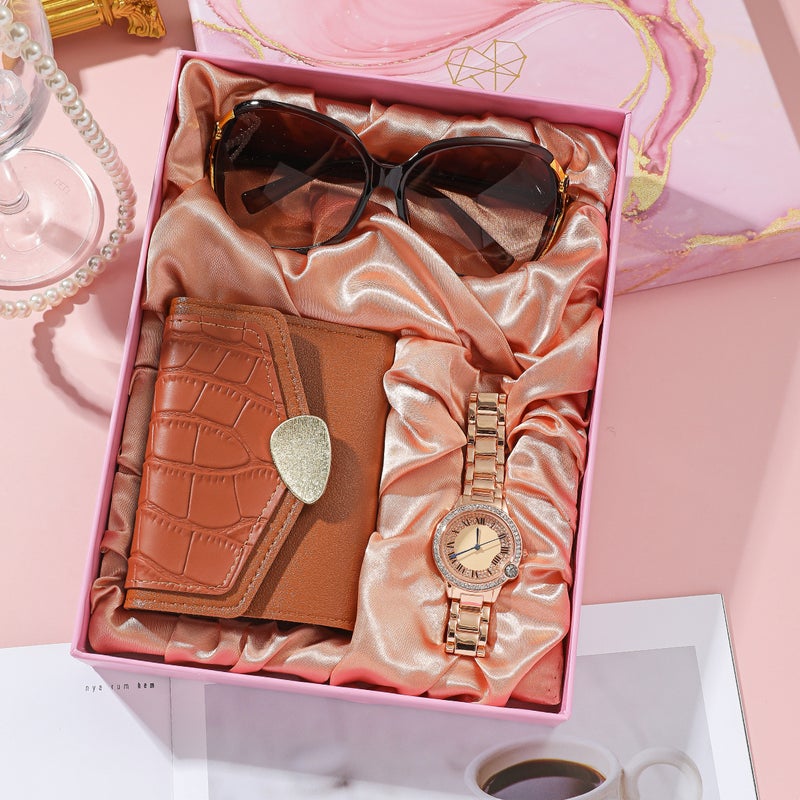 Womens Gift Set Opening Activities Accompanying Gift to Female Customers Fashion Good Sunglasses Wallet Gift Box Steel Band Round Watch Set 