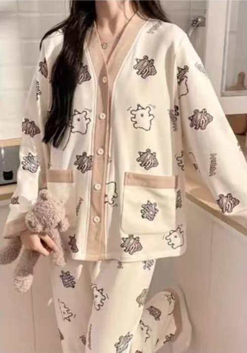 Celary Korean Style Women’s Night Suit|| Cute Printed Pajama Set with Long Sleeve Top & Pants|| Cotton Loungewear||Winter Night Dress|| Full Sleeves with Front Buttons - Image 4