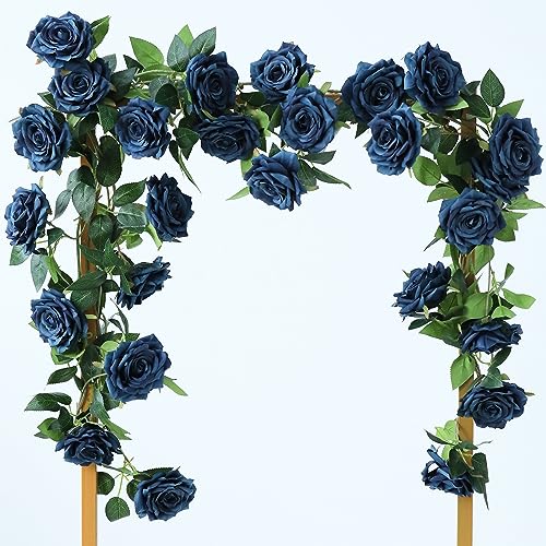 dallisten 2 Strands 73'' Artificial Silk Rose Flower Vines Garland, Fake Roses Floral Green Leaves Hanging Plant for Wedding Arrangement Decoration, Wall, Party, Bedroom, Home Decor (Blue) - Image 1