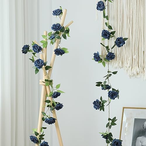 dallisten 2 Strands 73'' Artificial Silk Rose Flower Vines Garland, Fake Roses Floral Green Leaves Hanging Plant for Wedding Arrangement Decoration, Wall, Party, Bedroom, Home Decor (Blue) - Image 5