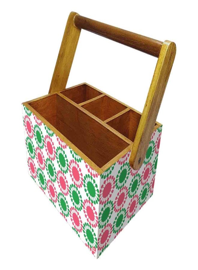 Nutcase Wooden 4 Compartment Utensil Flatware Cutlery Caddy Holder with Handle Napkin Stand - Pink Floral - Image 1