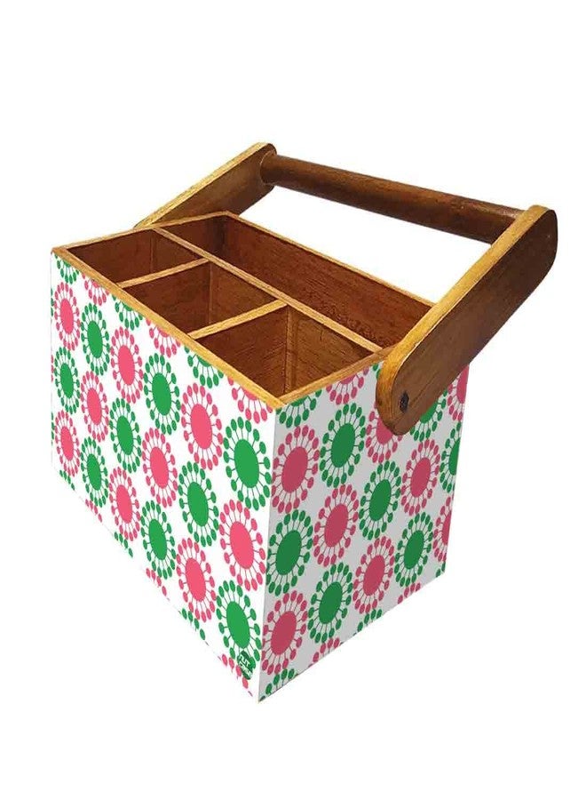 Nutcase Wooden 4 Compartment Utensil Flatware Cutlery Caddy Holder with Handle Napkin Stand - Pink Floral - Image 5