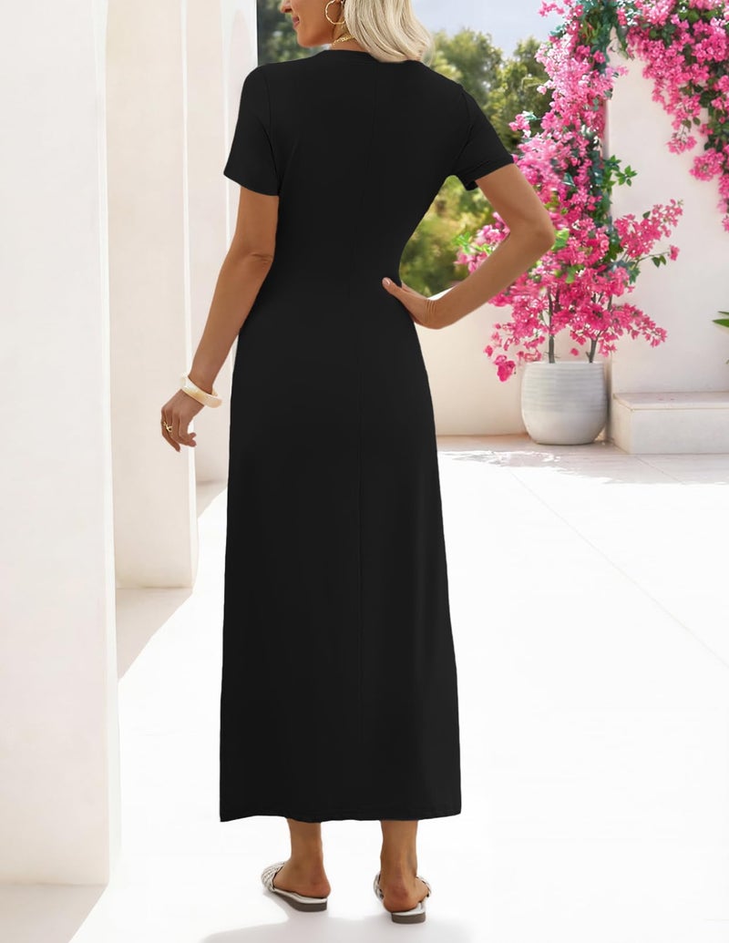 MEROKEETY Women's Summer Maxi Dresses 2026 Casual Spring Short Sleeve Tie Waist Work Beach Vacation T Shirt Long Dress, Black, Large - Image 4