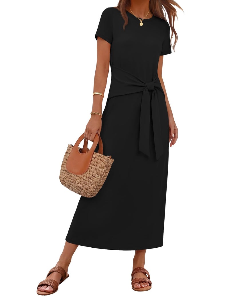 MEROKEETY Women's Summer Maxi Dresses 2026 Casual Spring Short Sleeve Tie Waist Work Beach Vacation T Shirt Long Dress, Black, Large - Image 1