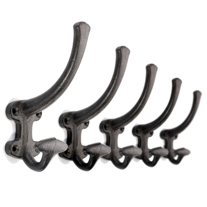 5PACK DECORATIVE CAST IRON HEAVY DUTY DOUBLE WALL HOOKS VINTAGE HOOKS IN ANTIQUE BLACK COAT HOOKS WALL MOUNTED FOR MUDROOM HAT RACK
