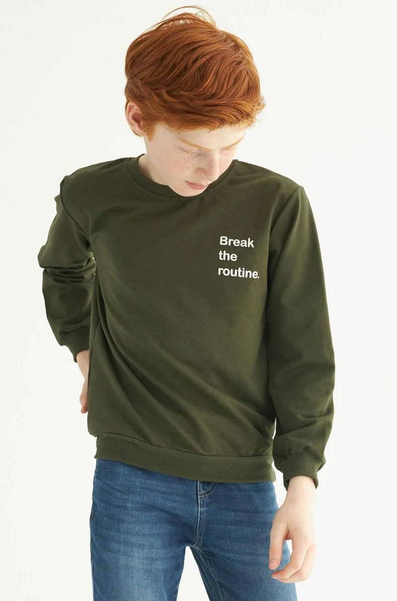 زيبكيدز Boys Khaki Colored Break The Routine Printed Long Sleeve Sweatshirt