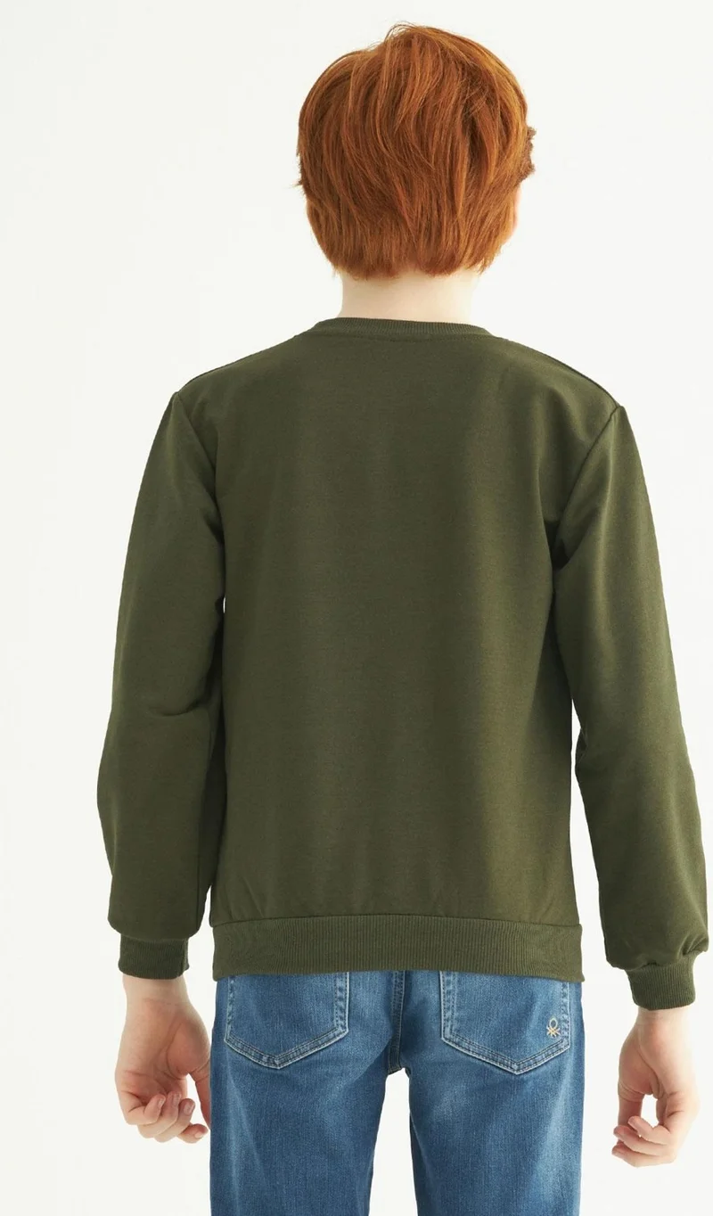 زيبكيدز Boys Khaki Colored Break The Routine Printed Long Sleeve Sweatshirt