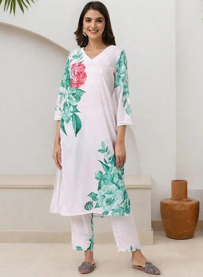 ISHIN Women'S Off White 100% Polyester Embroidered Tunic Full Length Palazzo Straight Fit Kurta Set