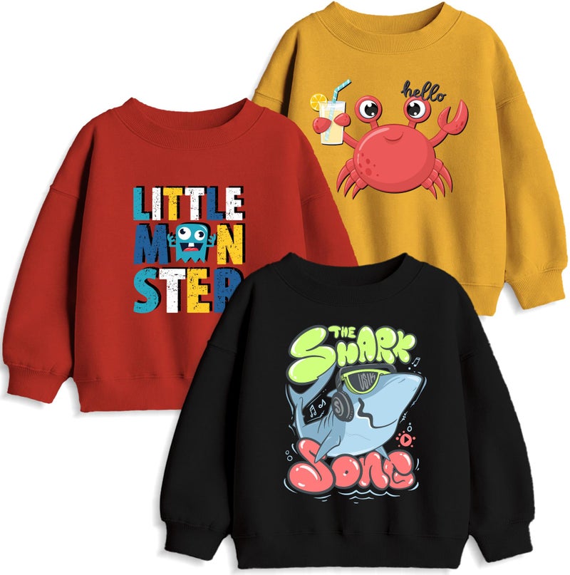 minicult Cotton Blend Full Sleeves Crew Neck Regular Sweatshirt for Kids with Fun Prints(Shark)(Pack of 3)(7-8 Years), Multicolor - Image 1