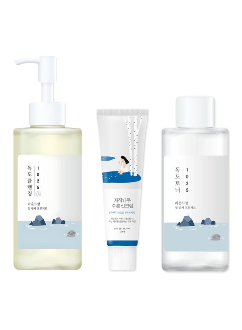 ROUND LAB 1025 DOKDO CLEANSING OIL 200ml + ROUND LAB 1025 DOKDO TONER 200ml + Birch Moisturizing Sunscreen SPF 50, PA++++ 50ml - Image 1