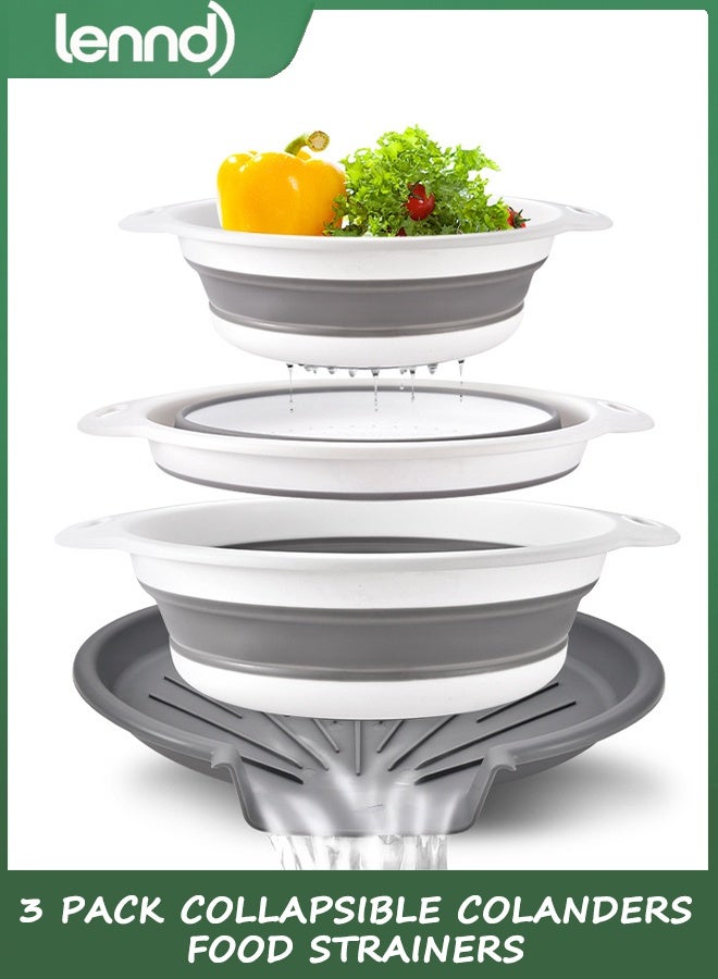 LENND Collapsible Colanders (3 Pack Set) Food Strainers with Over-Sink Water Draining Base for Pasta Fruits and Vegetables, White (3 Sizes, 3.5L, 4.5L and 5.5L) - Image 1