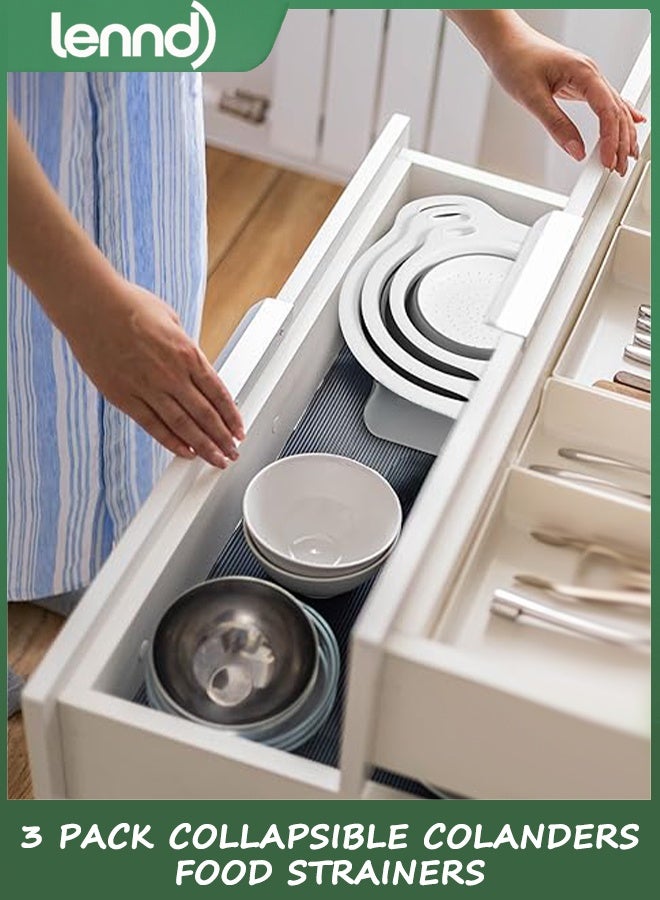 LENND Collapsible Colanders (3 Pack Set) Food Strainers with Over-Sink Water Draining Base for Pasta Fruits and Vegetables, White (3 Sizes, 3.5L, 4.5L and 5.5L) - Image 2