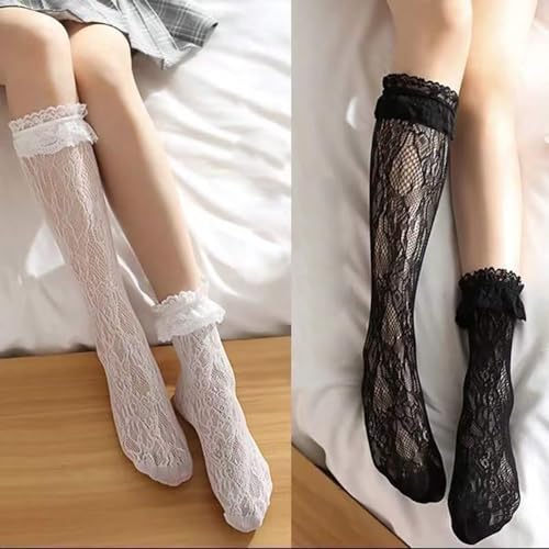 Fapiwen Lace Stockings For Women Girls, Fashion Lolita Fishnet Thigh High Socks, Lace Patterned Ruffled Over Knee High Socks, Sweet Hollow Out Long Socks For Teen Girls Kids -2 Pairs (Black + White) - Image 3