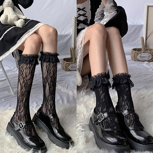 Fapiwen Lace Stockings For Women Girls, Fashion Lolita Fishnet Thigh High Socks, Lace Patterned Ruffled Over Knee High Socks, Sweet Hollow Out Long Socks For Teen Girls Kids -2 Pairs (Black + White) - Image 4