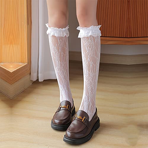 Fapiwen Lace Stockings For Women Girls, Fashion Lolita Fishnet Thigh High Socks, Lace Patterned Ruffled Over Knee High Socks, Sweet Hollow Out Long Socks For Teen Girls Kids -2 Pairs (Black + White) - Image 5