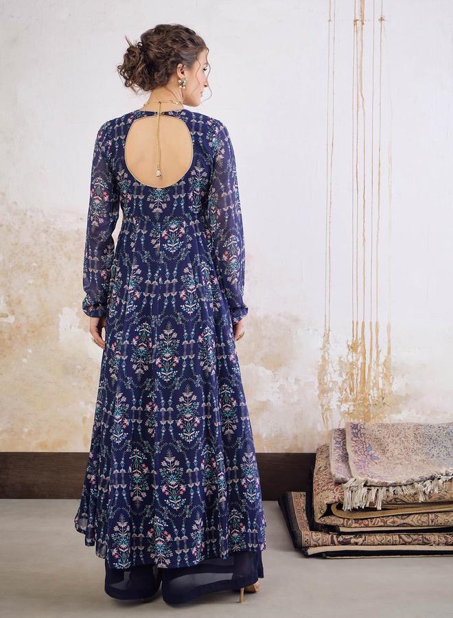 SASSAFRAS Navy Blue Floral V Neck Arkali Kurta - Image 5