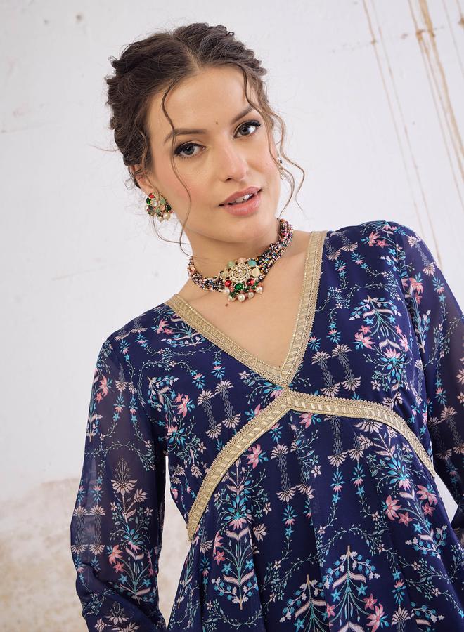 SASSAFRAS Navy Blue Floral V Neck Arkali Kurta - Image 4