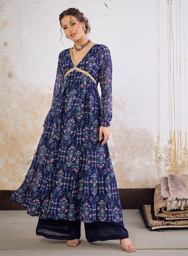 SASSAFRAS Navy Blue Floral V Neck Arkali Kurta - Image 1