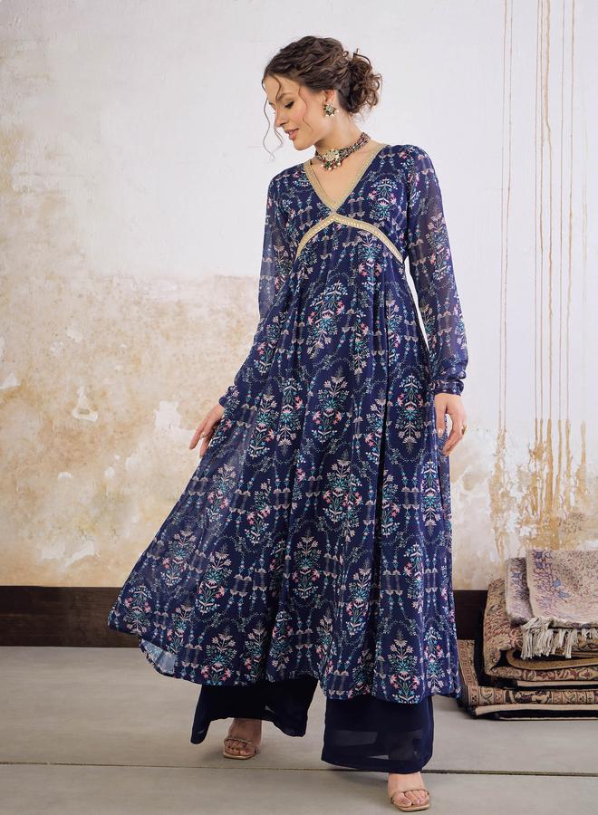 SASSAFRAS Navy Blue Floral V Neck Arkali Kurta - Image 2