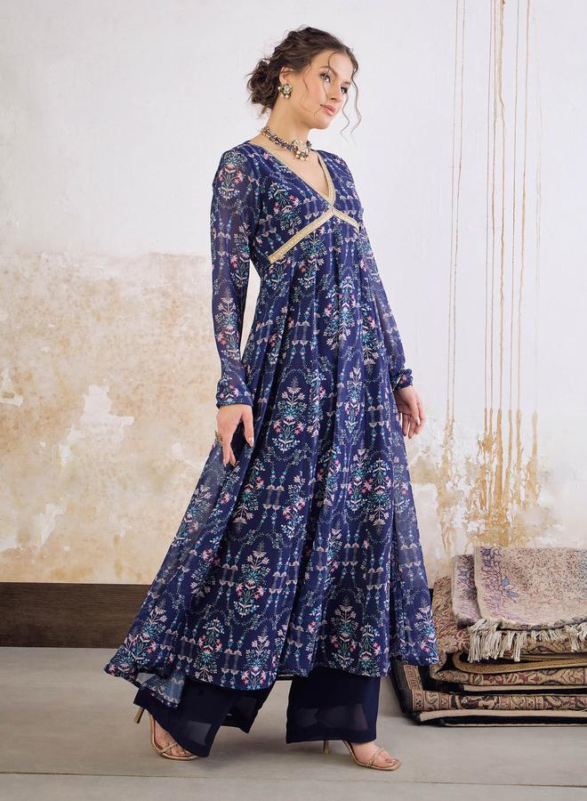 SASSAFRAS Navy Blue Floral V Neck Arkali Kurta - Image 3
